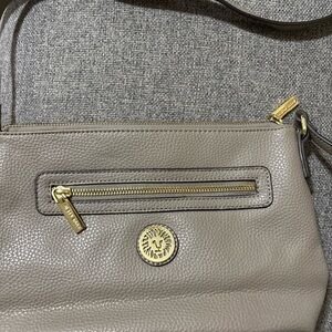 Anne Clein Taupe Leather Crossbody Bag with Gold Accents